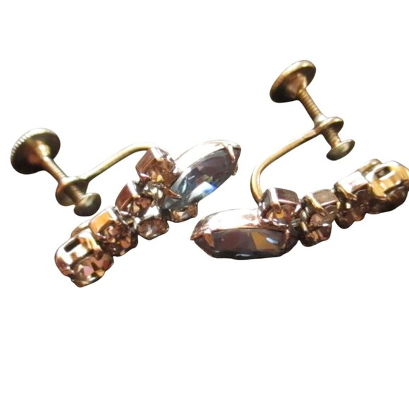 Grannys Vintage Screw Back Crystal Earrings With Marquise & Round Rhinestones - Picture 2 of 3